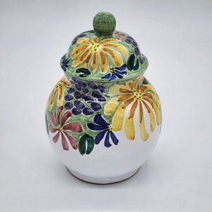 Mexican Pottery Terracota Lidded Jar Signed Hand Painted Floral